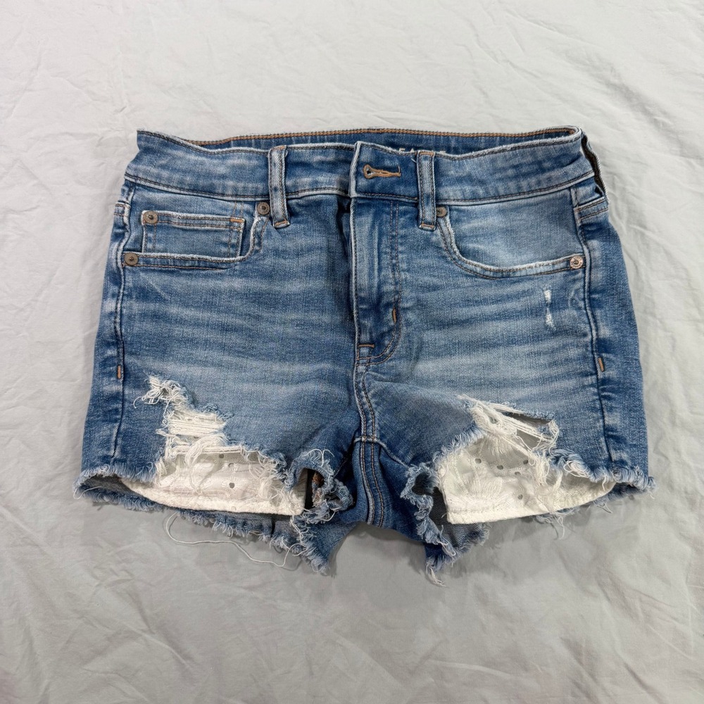 American Eagle Next Level Stretch Distressed Denim Shorts Eyelet Lace Pocket sz2